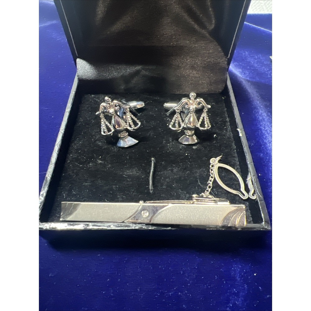 Scales of Justice Attorney Cufflinks and Tie Bar Clip Wedding Gift Box Free Ship
